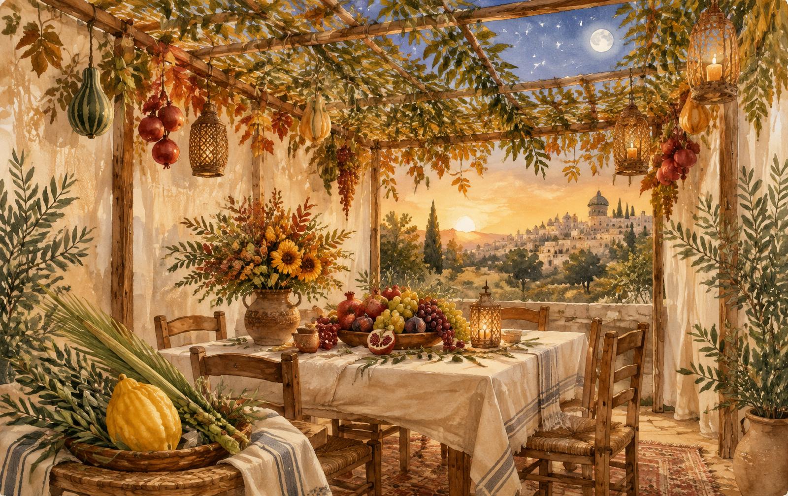 Soucca décorée de fruits et de feuillage d'automne